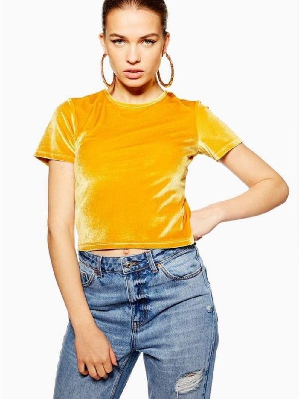 Topshop Golden Mustard Yellow Velvet Crop Top Baby Tee Gold 90s Festival Rave
